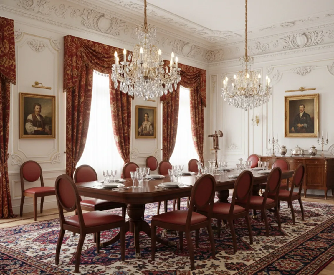 Comedor elegante con 12 sillas antiguas, decoración clásica