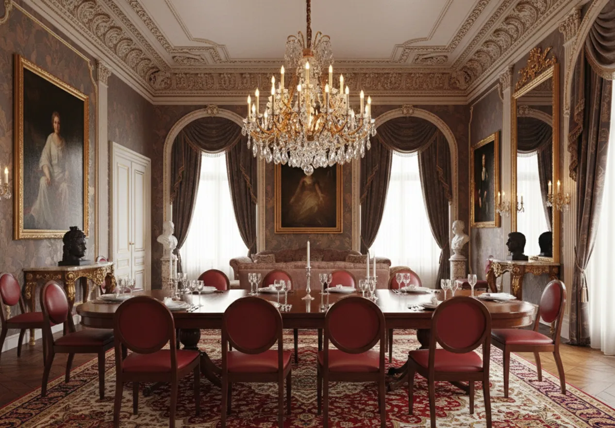 12 chaises anciennes à restaurer, entourées de décorations élégantes dans une salle à manger