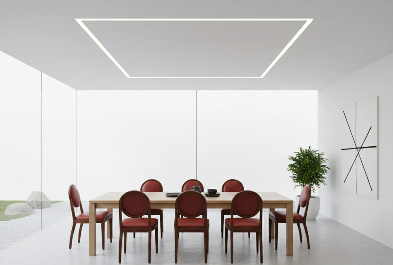 twelve antique chairs with red cushions in a modern setting