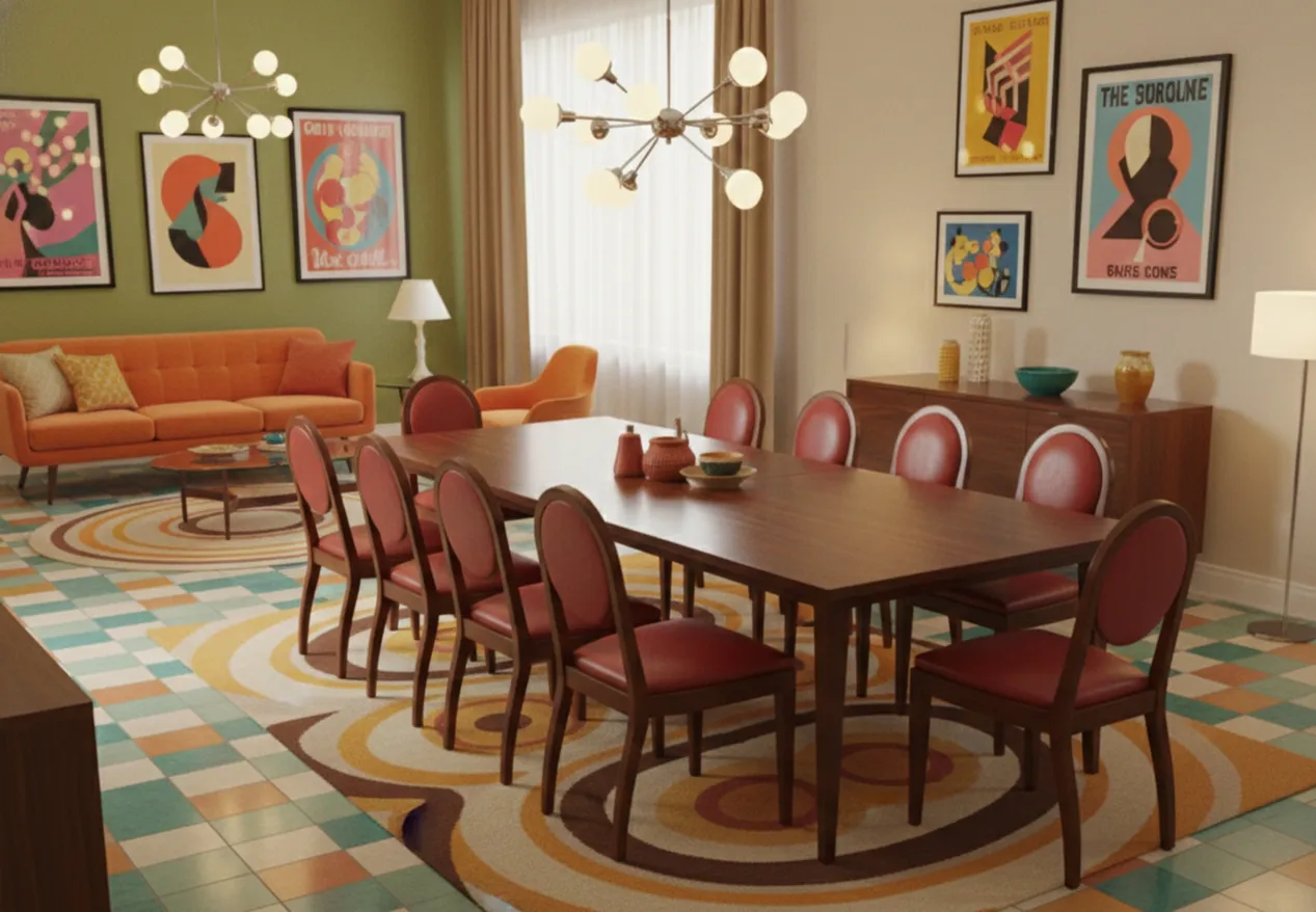 12 vintage chairs with red upholstery at a dining table