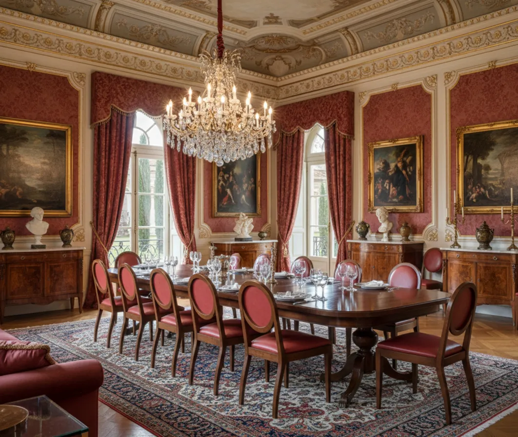 Set aus 12 antiken Stühlen in einem eleganten Esszimmer mit Kronleuchter.