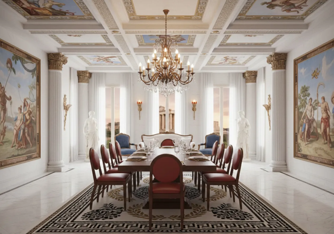 12 antique chairs in a classical setting with elegant decor