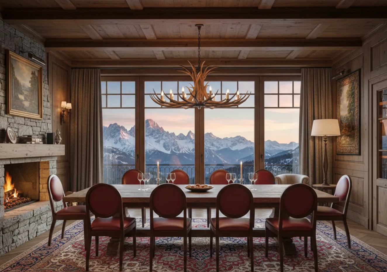 12 sedie antiche da restaurare in una sala da pranzo elegante con camino e vista sulle montagne