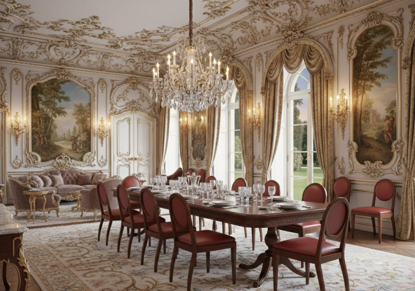 Twelve elegant chairs in a dining room, perfect for restoration, with decorative details in the background.