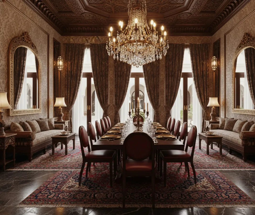 Conjunto de 12 cadeiras antigas para restaurar em uma sala de jantar elegante, cercado por uma atmosfera sofisticada com lâmpadas e cortinas luxuosas.