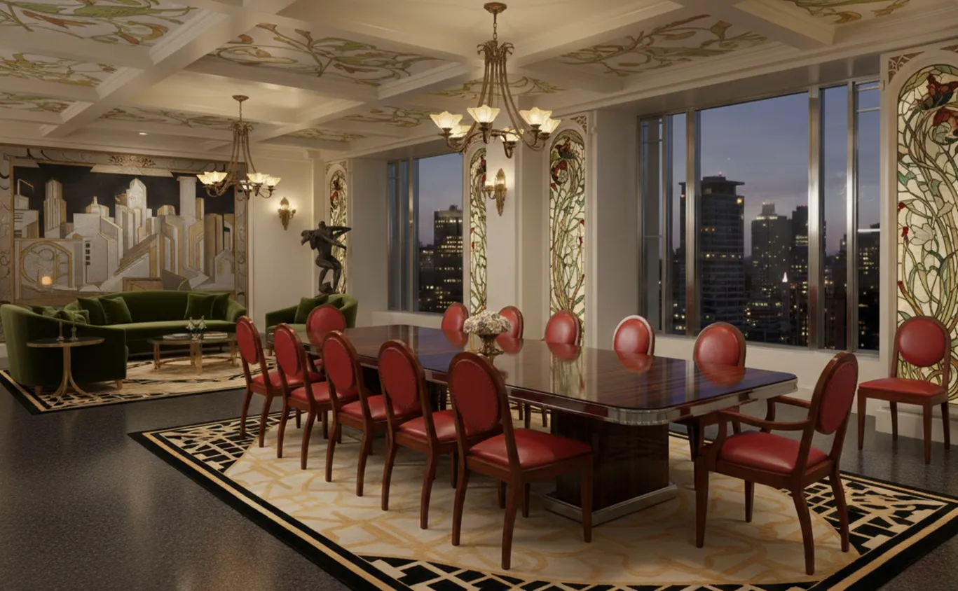 12 antike Stühle im Art Deco-Stil, rote Polsterung, in einem eleganten Esszimmer