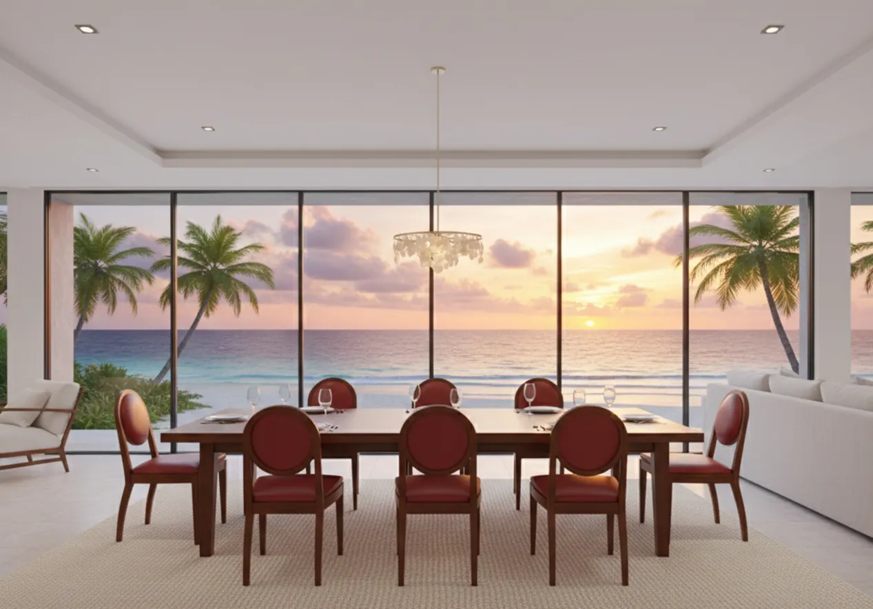 Ensemble de 12 chaises anciennes dans une pièce moderne en bord de mer avec une décoration élégante