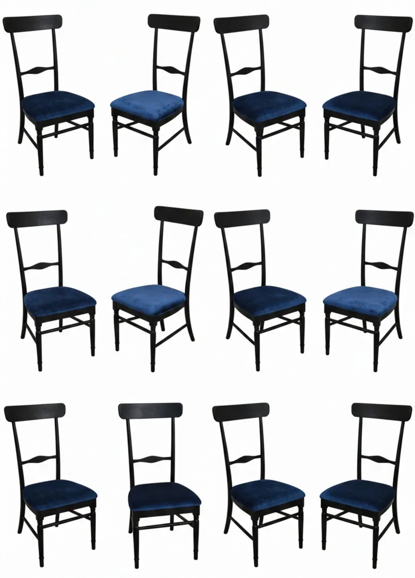 Coleção de 10 cadeiras antigas colombo sanguineti chiavari com estofado azul