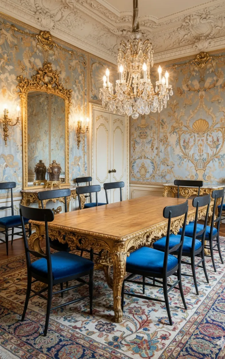 Vista di 10 sedie antiche colombo sanguineti chiavari in una stanza elegante con decorazioni dorate.