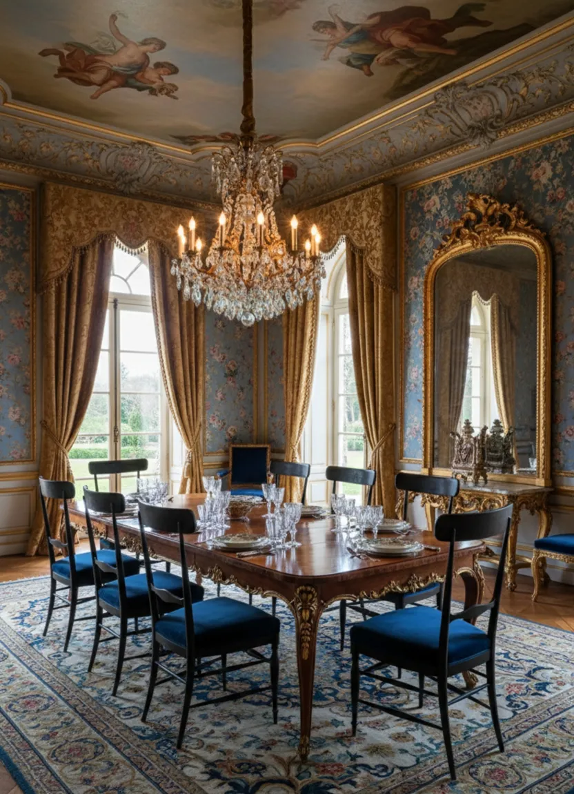 Vista de 10 cadeiras antigas de Colombo Sanguineti Chiavari em uma sala decorada opulentamente