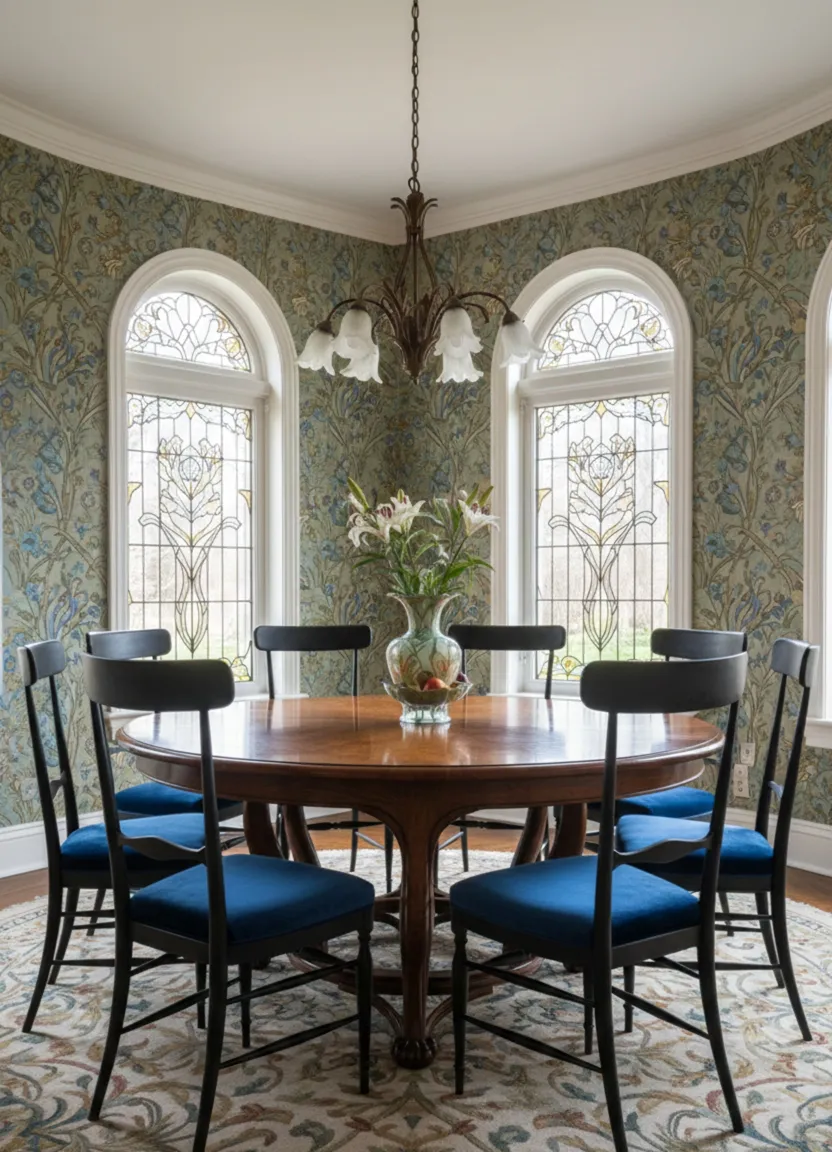 View of 10 antique colombo sanguineti chiavari chairs around a round table in a cozy dining room.