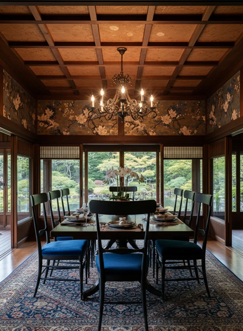 Vista de 10 cadeiras antigas colombo sanguineti chiavari em uma sala de jantar com mesa decorada e flores