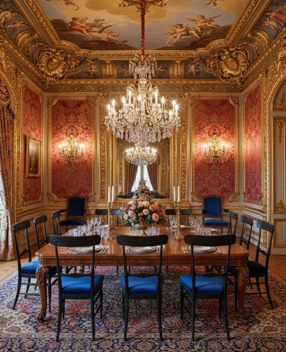 10 cadeiras antigas com estofamento azul em uma sala de jantar elegante