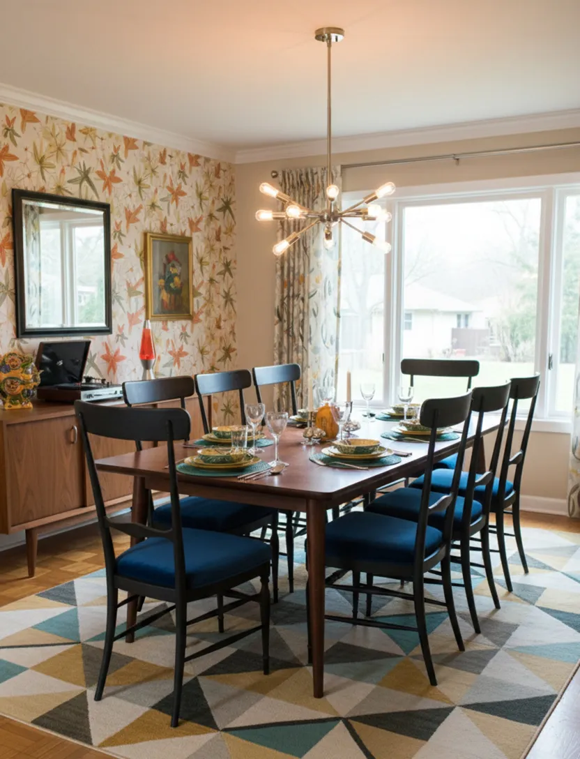 Набор из 10 старых стульев Colombo Sanguineti Chiavari с синими сиденьями в современном столовой.