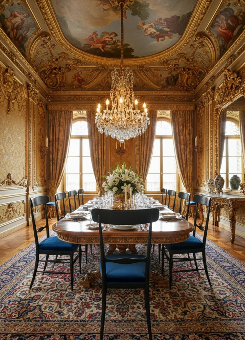 Dez cadeiras antigas Colombo Sanguineti Chiavari dispostas ao redor de uma mesa elegante em uma sala de jantar. Decoração luxuosa em ouro e um candelabro brilhante ao fundo.