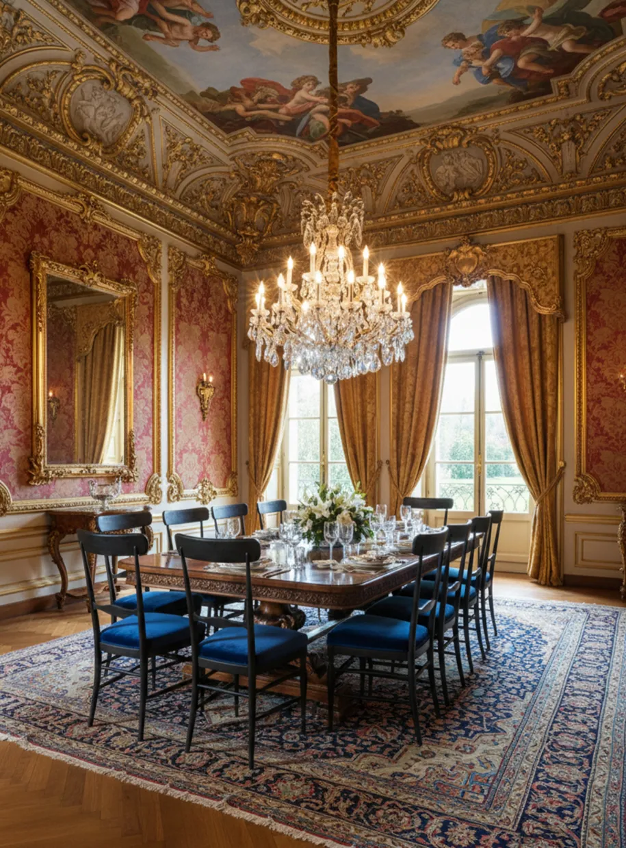 10 sillas antiguas de diseño exclusivo en un elegante comedor con candelabro.