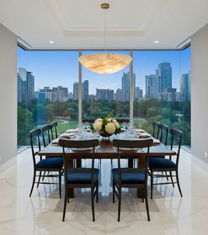 Vista di 10 sedie antiche colombo sanguineti chiavari a un tavolo elegante con vista urbana.