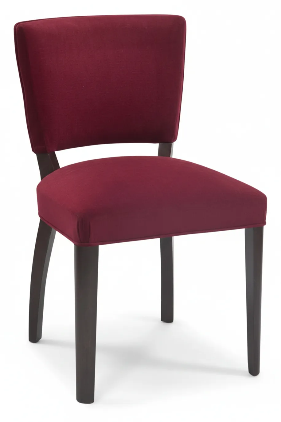 Вид спереди на 10 старинных стульев в бордовом цвете, идеально подходящих для реставрации в классической обстановке.