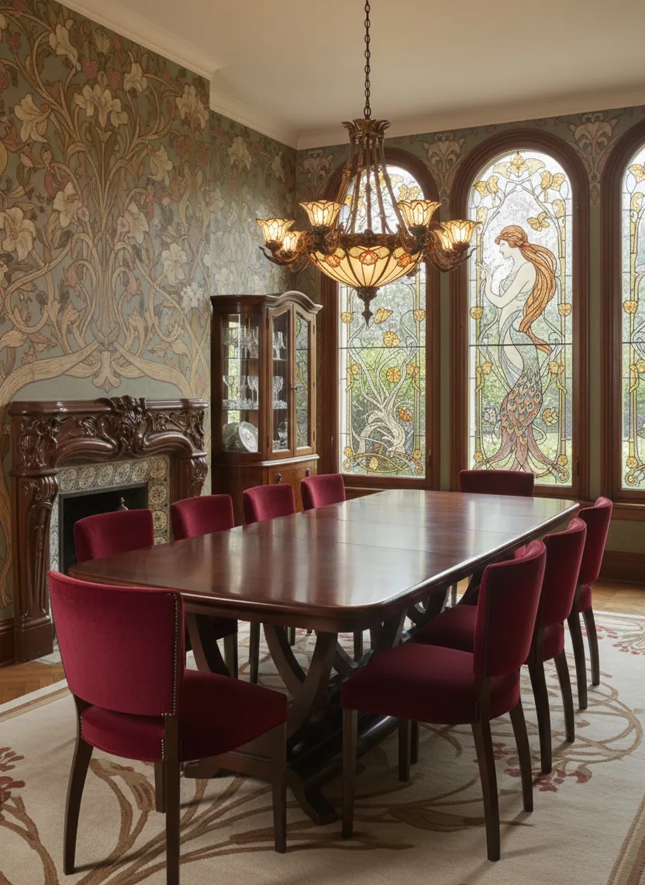 Set of 10 antique chairs ready to be restored in an elegant dining room.