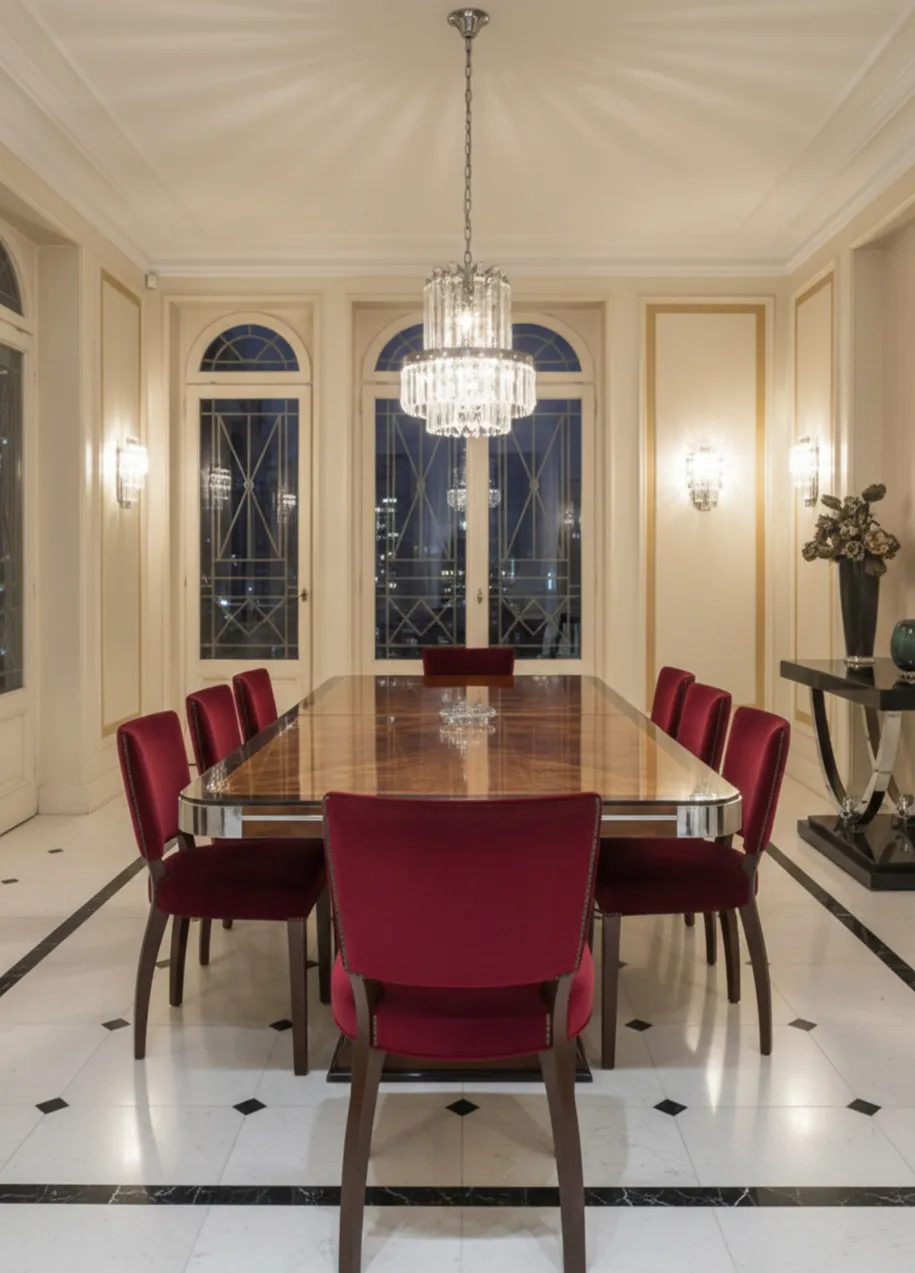 Vue de 10 chaises anciennes rouges dans une salle à manger élégante.