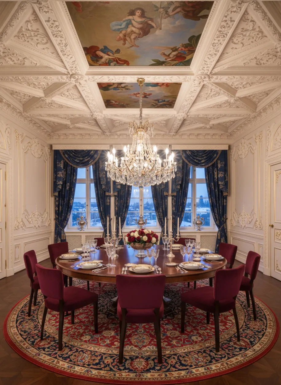 Vista di 10 sedie antiche rosse disposte in una sala da pranzo elegante con lampadari, tavolo rotondo e decorazioni classiche.