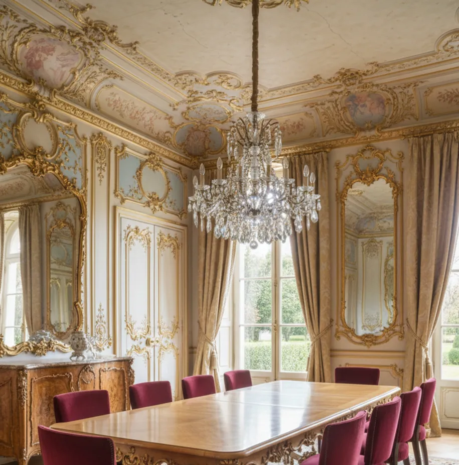 Dix chaises anciennes avec rembourrage rouge dans une salle à manger élégante et opulente