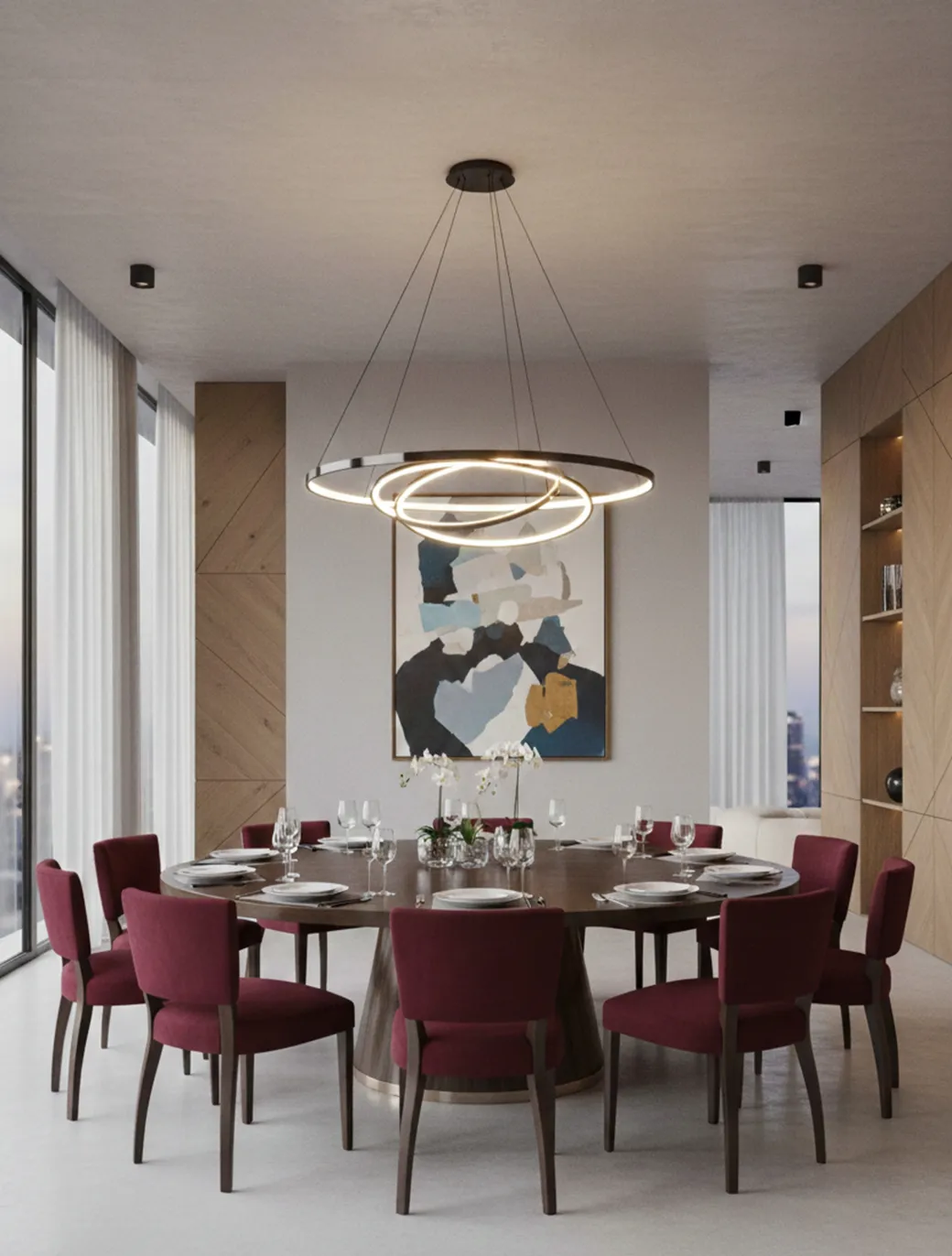 10 antique chairs to restore around an elegant round table with flowers and tableware