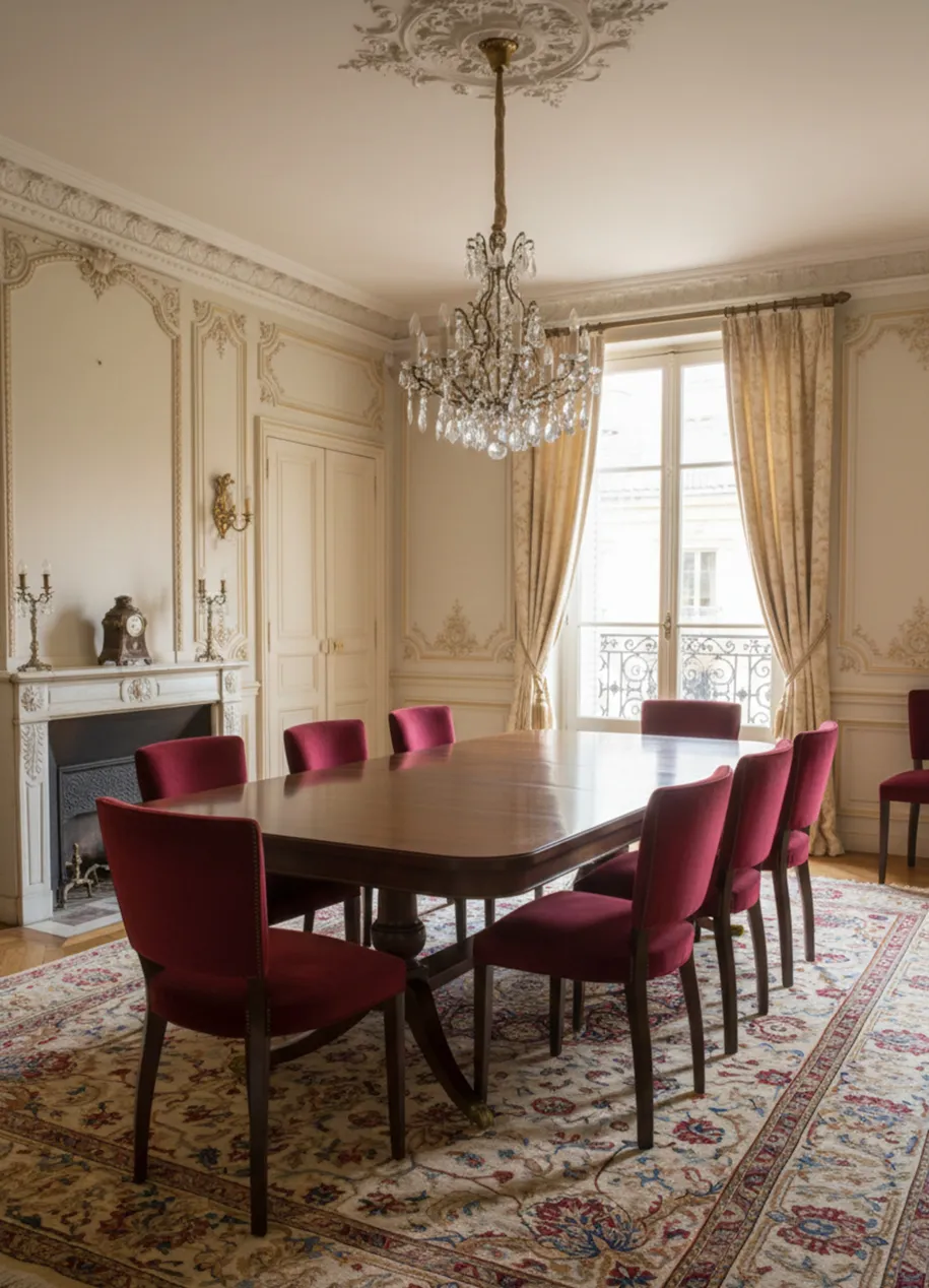 vue de 10 chaises anciennes dans une salle à manger classique