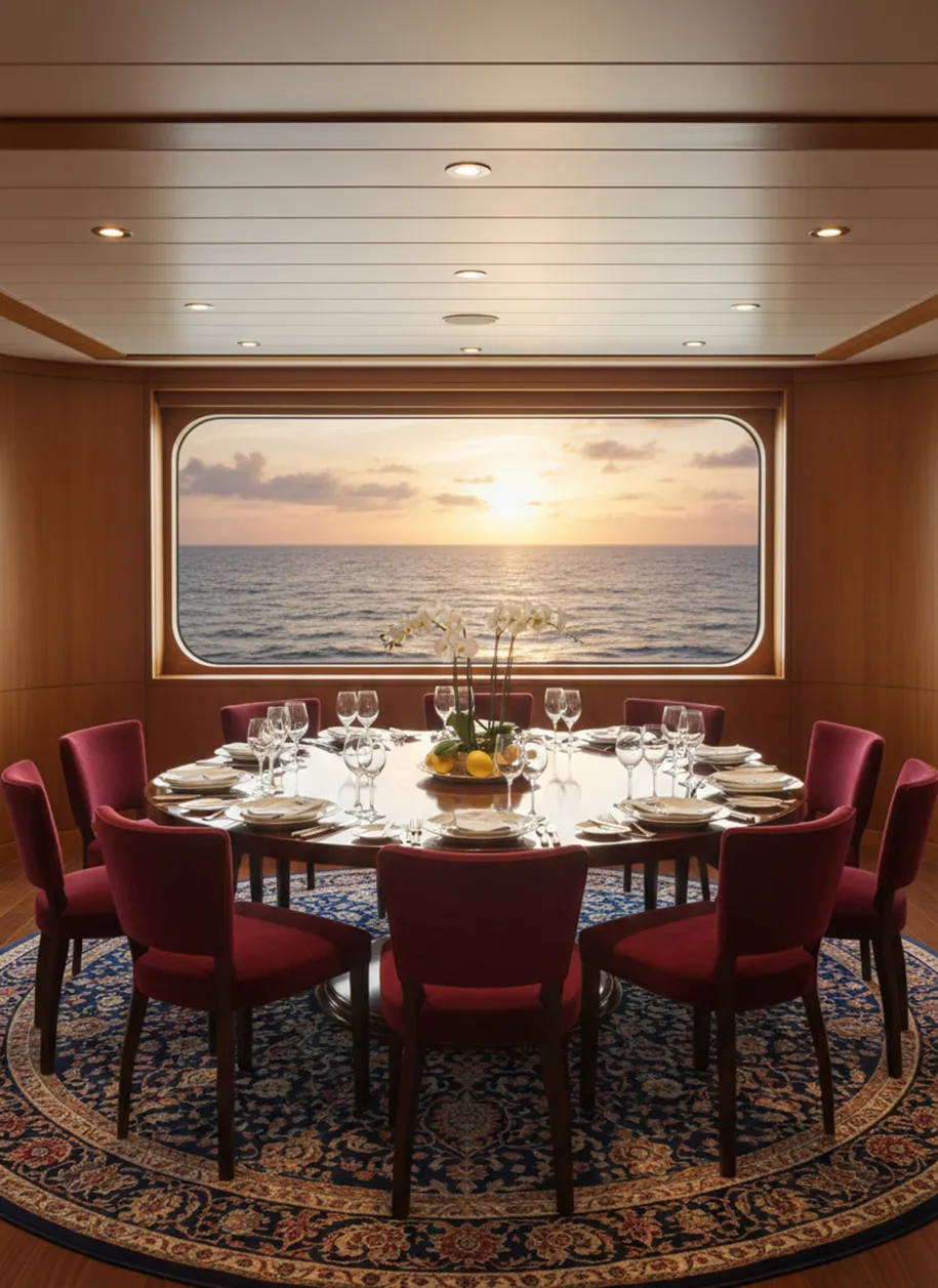 Ambiente interior con 10 sillas antiguas y vista al mar