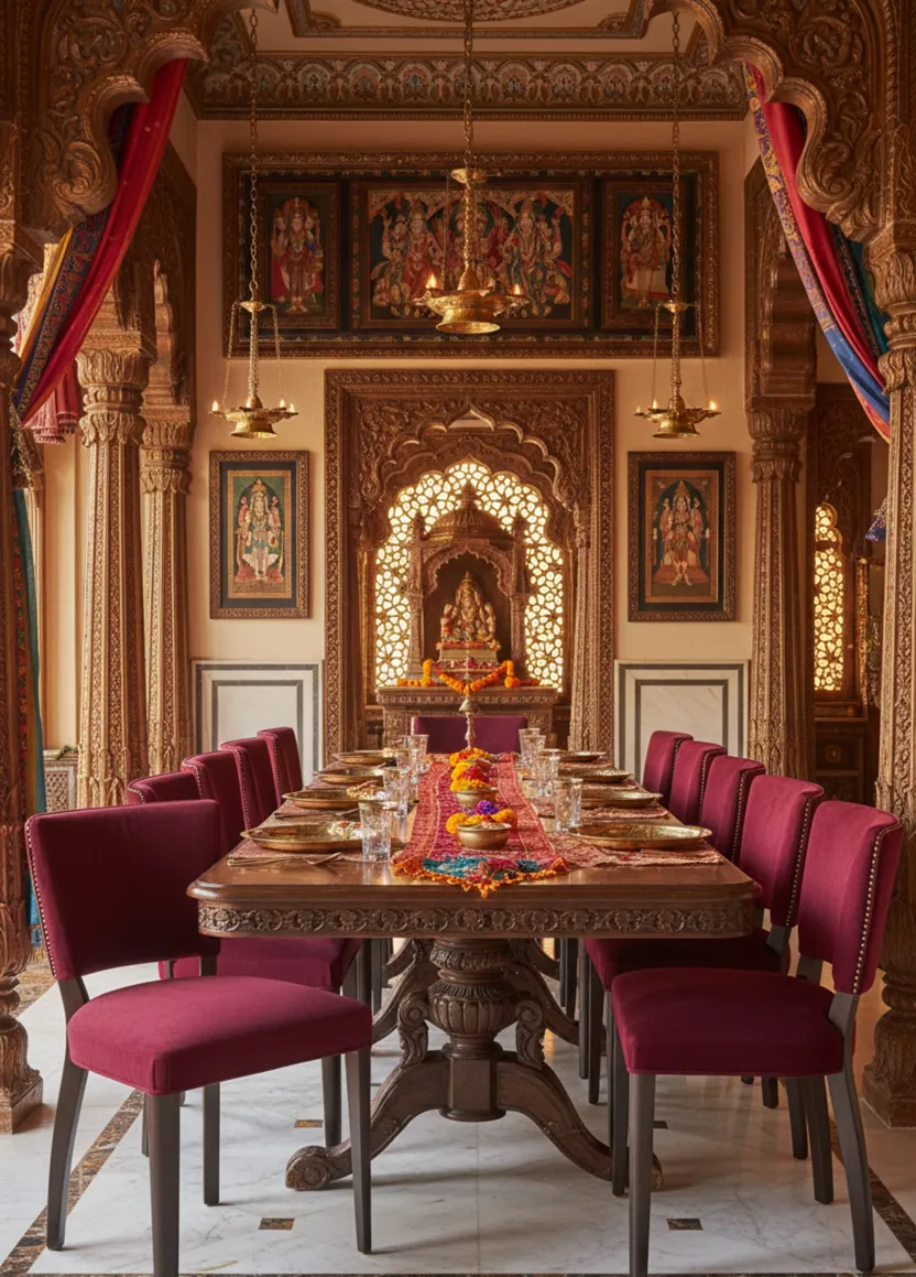 Vista de 10 sillas antiguas en un comedor decorativo, con mesa y adornos coloridos.