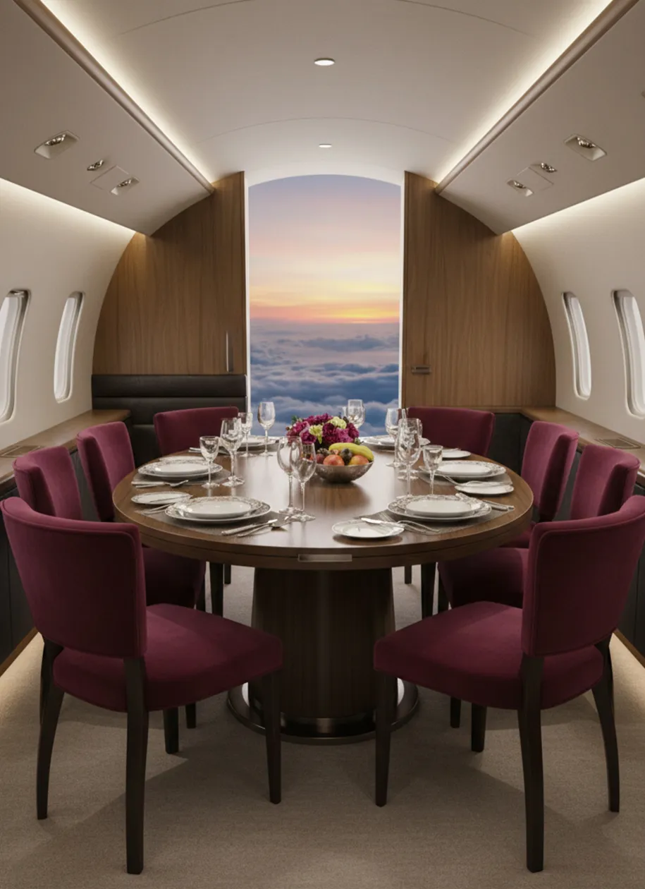 Comedor elegante con 10 sillas antiguas para restaurar, vista al cielo.