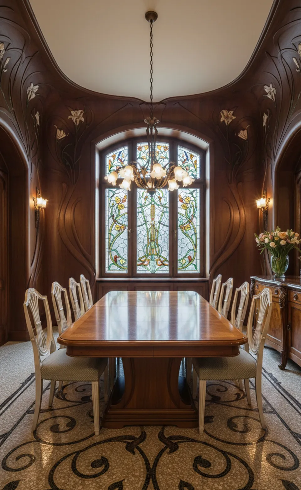 10 كراسي قديمة في بيئة أنيقة مع زجاج ملون