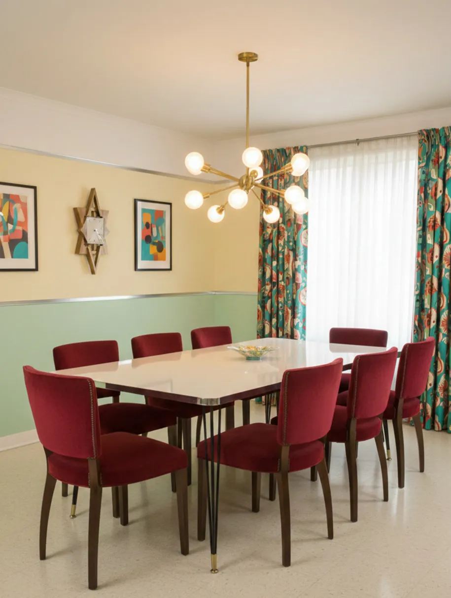 10 antique red chairs in a vintage dining room