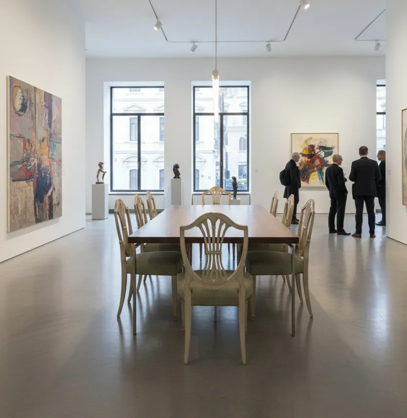 Vista de uma sala de jantar com 10 cadeiras antigas maison jansen para restaurar, arte nas paredes