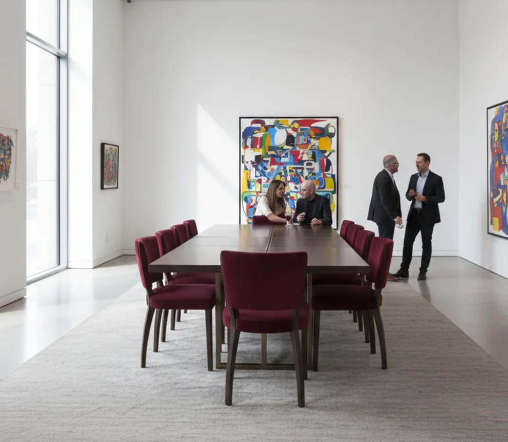 10 sedie antiche in una sala moderna con arte contemporanea