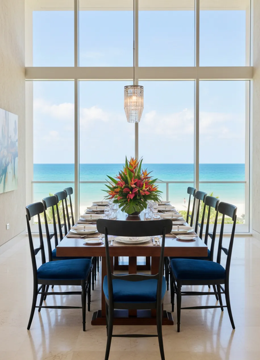 Vista della sala da pranzo con 10 sedie antiche colombo sanguineti chiavari e fiori colorati