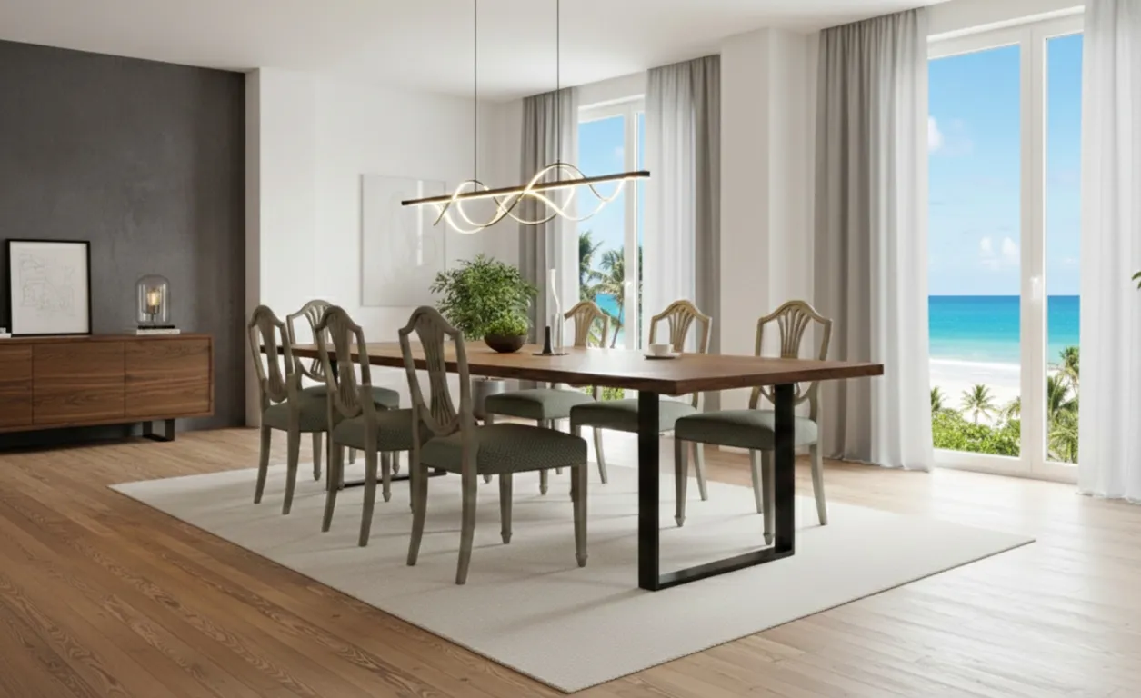 Vista de 10 sillas antiguas Maison jansen en la sala de comedor con una gran ventana al mar.