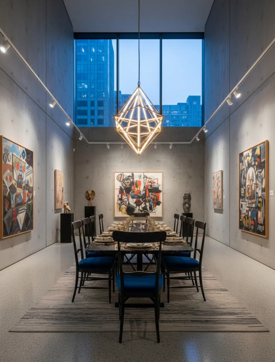 Vue d'une pièce moderne avec 10 chaises anciennes colombo sanguineti chiavari et décor artistique