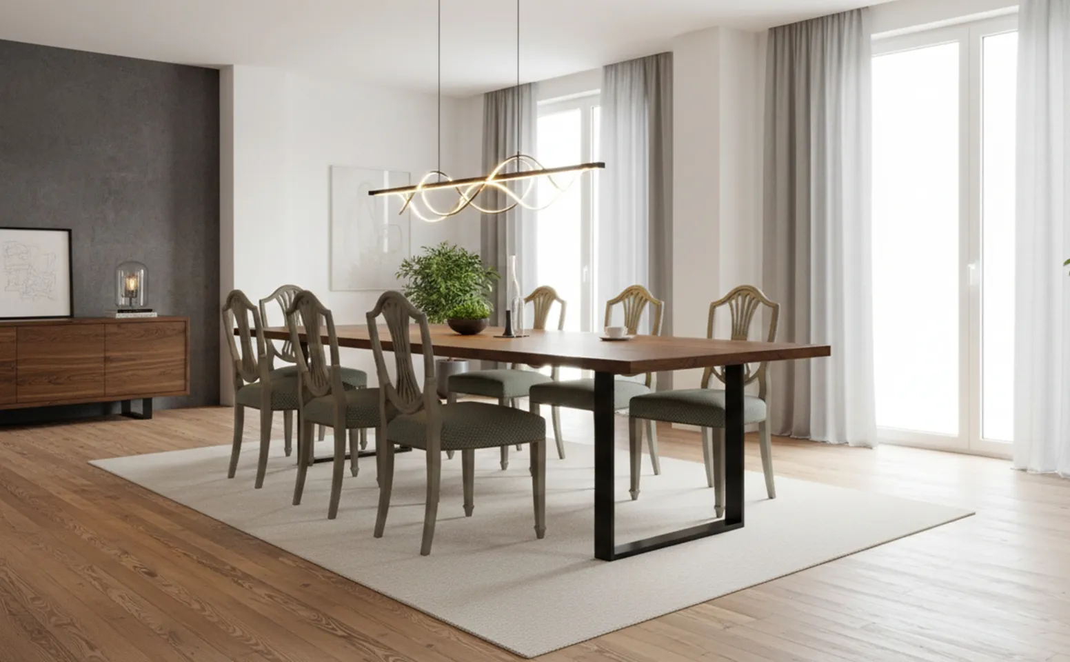 Vista de 10 cadeiras antigas para restaurar em uma sala de jantar moderna com iluminação elegante.