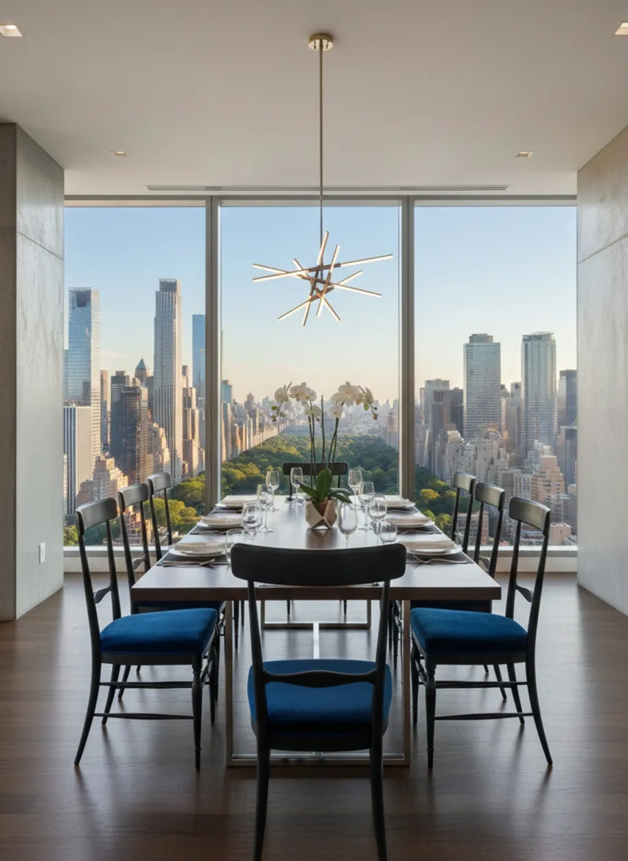 Blick auf einen modernen Essbereich mit 10 antiken Stühlen und einem eleganten Tisch; große Fenster mit Stadtblick.