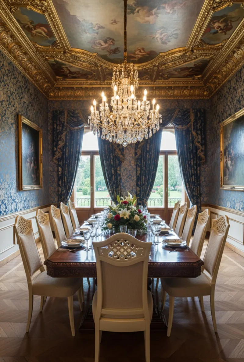 12 antique chairs in an elegant dining room, adorned with flowers and a chandelier