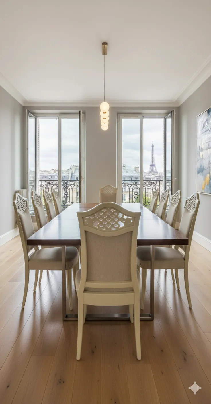 Ensemble de 12 chaises anciennes, dans un cadre moderne, détails décoratifs élégants.