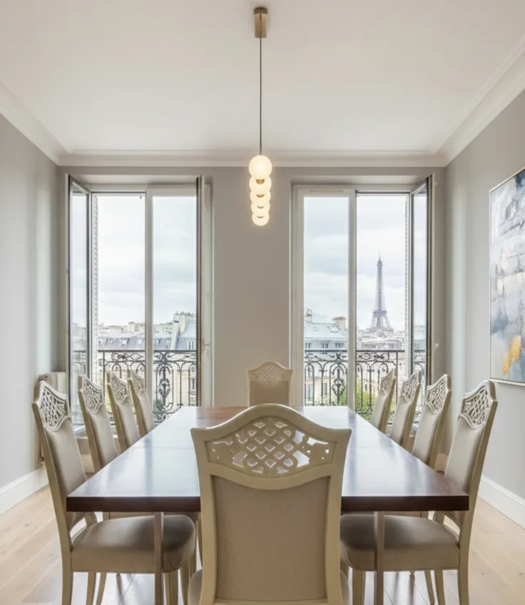 Vista di 12 sedie antiche in una sala da pranzo elegante con vista sulla Torre Eiffel e luce naturale.