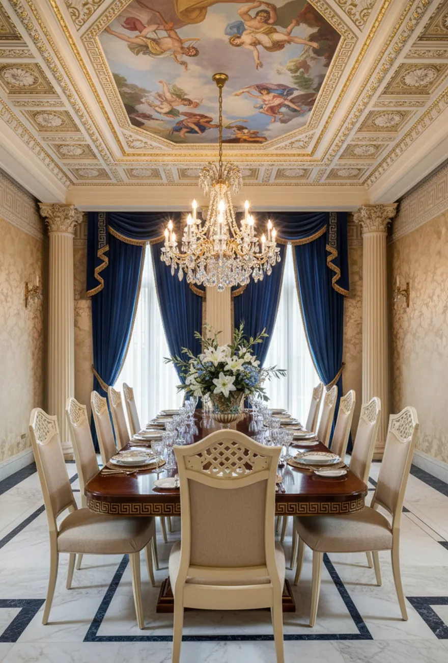 Vista del comedor elegante con 12 sillas antiguas listas para restaurar.