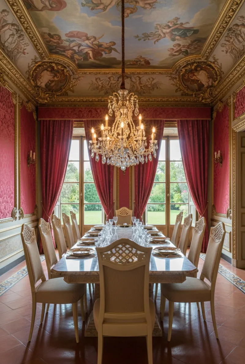 Vista de un comedor con 12 sillas antiguas listas para restaurar, decoración elegante.