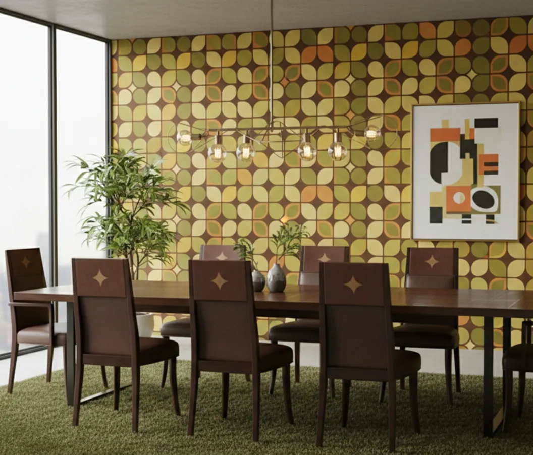 12 sillas antiguas en un comedor moderno con planta decorativa