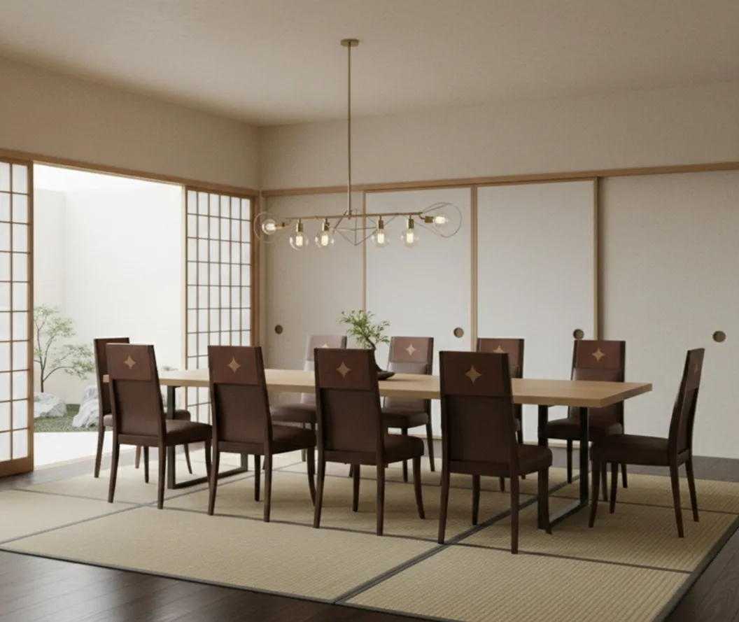 12 antique chairs with details in a minimalist dining room, perfect for restoration.