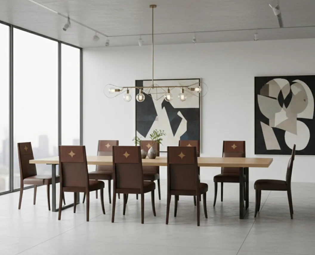 Set of 12 antique chairs in a modern setting, perfect for restoration.