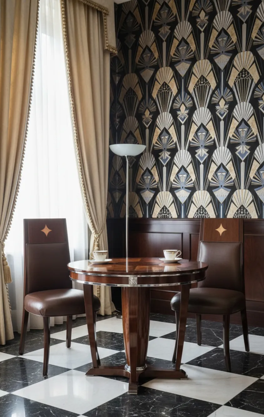 12 antique chairs to restore in an art deco setting with table and lamp