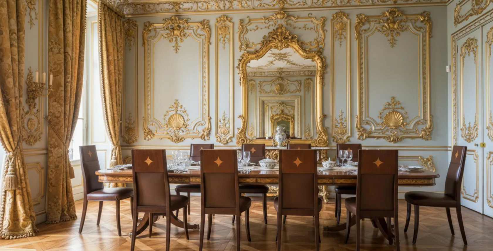 Una sala da pranzo elegante con 12 sedie antiche e decorazioni lussuose